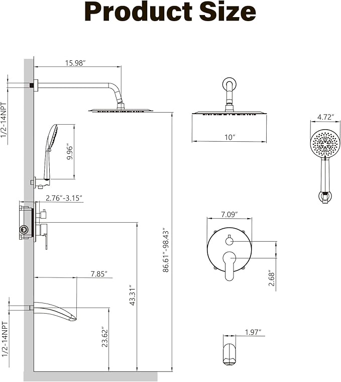 Gabrylly Shower System with Tub Spout, Bathtub Shower Faucet Set with 10" Rain Shower head and 5-Setting Handheld Shower, Wall Mounted Shower Fixtures with Pressure Balance Shower Valve, Brushed Gold - Image 8