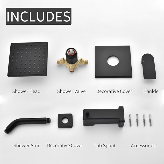 Matte Black Shower Faucet Set with Tub Spout, 6 Inch Rain Shower Head and Tub Spout, Shower Fixtures with Tub Spout, Tub and Shower Trim Kit - Image 6