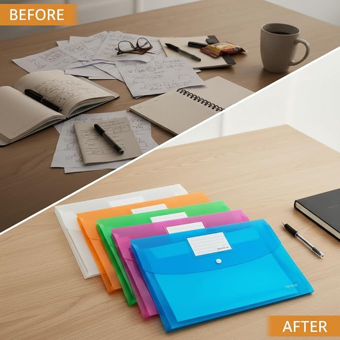 5 Pack Plastic Envelopes with Snap Closure, Large-Capacity Colored Clear Folders - Image 7
