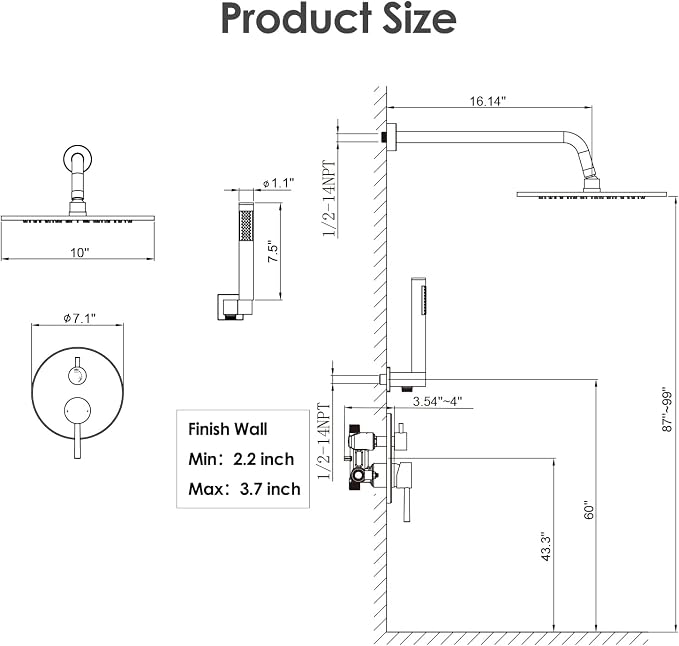 Gabrylly Black Shower Faucet Set, Wall Mounted System with Shower Valve, High Pressure 10" Rain Shower head with Handheld Spray Combo, 2 Way Rainfall Shower Fixtures, Matte Black - Image 7