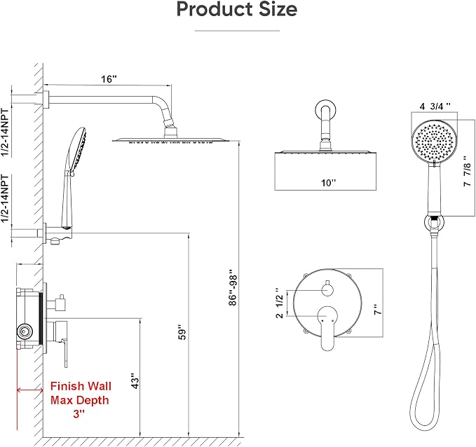 Gabrylly Shower System Black, Pressure Balance Shower Faucet Set, 10" Stainless Steel Rain Shower head with 5-Mode Handheld Shower Spray Combo,High Pressure Rainfall Shower Head Set, Matte Black - Image 7