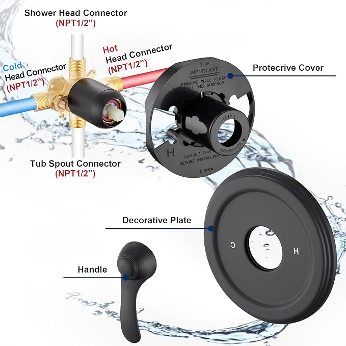 Black Tub Shower Faucet Set with (Valve Included) - 6 Inch Shower Head and Handle Set Matte Black, Tub and Shower Trim Kit with High-Pressure Rain Shower Head and Tub Spout - Image 7
