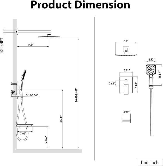 Gabrylly Shower System with Tub Spout, Wall Mounted Shower Faucet Set for Bathroom with High Pressure 10" Rain Shower head and 3-Setting Handheld Shower Head Set,Brushed Gold - Image 8
