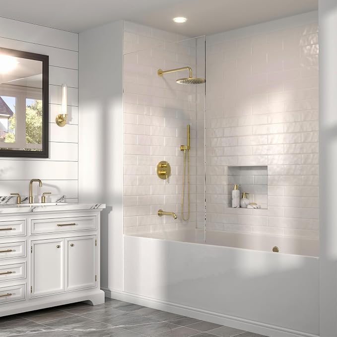 Lava Odoro Modern 3-Setting Round Rain Bathtub and Shower Faucet Set, Gold Rainfall Shower Head and Handle Set, Rain Shower System with Tub Spout, Shower Valve Trim Kit, Brushed Gold, SF104-SG-T - Image 9