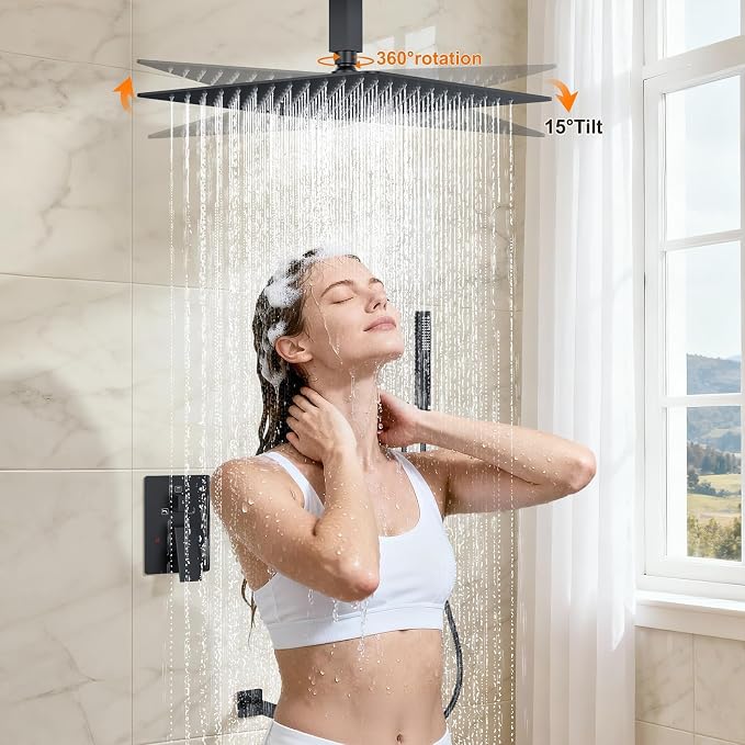 Shower System with Tub Spout, Ceiling Mounted Bathtub Shower Faucet Set, 12" Rainfall Shower Head and Handheld Shower Combo, High Pressure Shower Fixtures Set with Rough-in Valve, Matte Black - Image 9