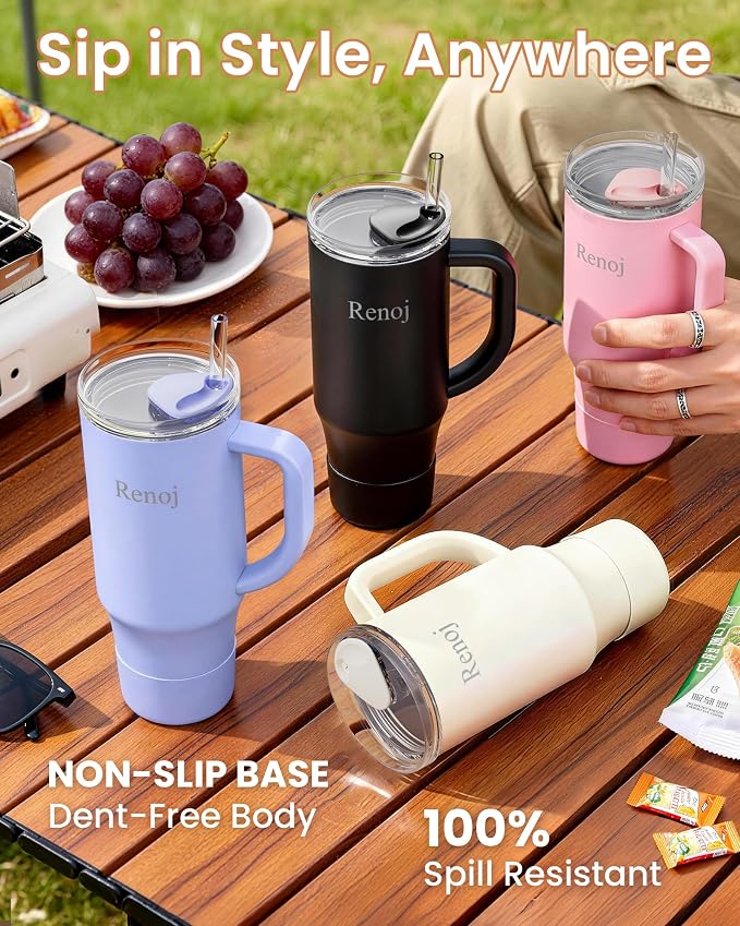 Renoj Insulated Mug 100% Spill Resistant Insulated Water Bottle for Iced Coffee & Hot Drinks - Fits Car Cup Holder, Ideal Gift, 2 Straws & Silicone Boot - FlexSlide Pink 32 oz - Image 7