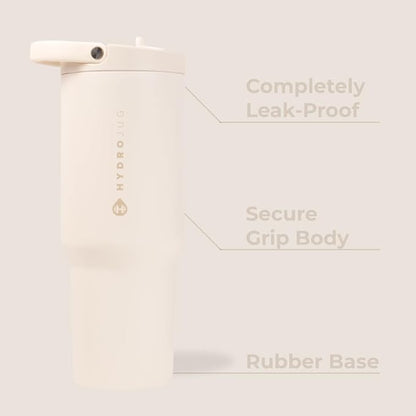 HydroJug Sport - Stainless Steel Tumbler with Straw, Vacuum Insulated, 32oz Leakproof Water Bottle, Ergonomic Design, Reusable, Dishwasher Safe, Rubber Base, Durable for Gym or Outdoors, Cream - Image 2