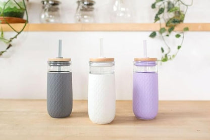 Ello Devon 18oz Glass Tumbler with Straw, Friction Fit Bamboo Wood Lid and Silicone Sleeve | Perfect for Iced Coffee, Tea, and Smoothies - Image 2