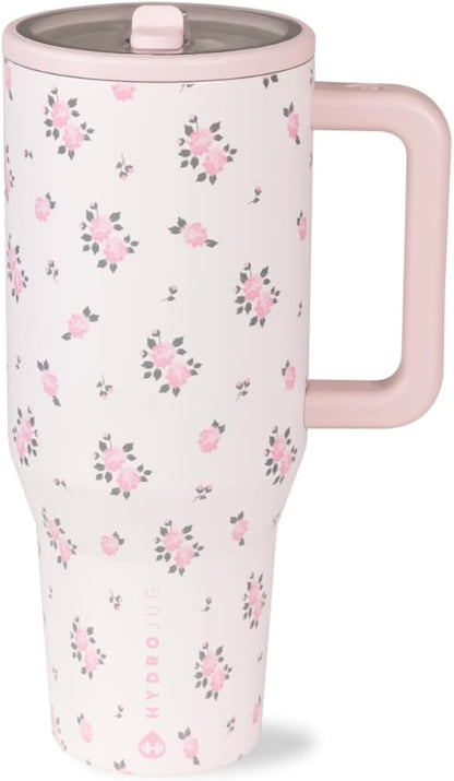 HydroJug Traveler - 40 oz Water Bottle with Handle & Flip Straw - Fits in Cup Holder, Leak Resistant Tumbler-Reusable Insulated Stainless Steel & Rubber Base - Gifts for Women & Men, Wildrose by Hydrojug