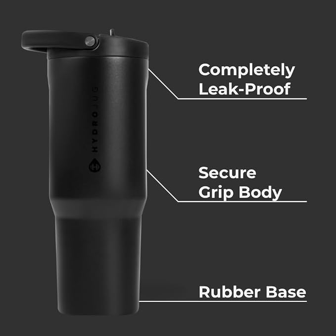 HydroJug Sport - Stainless Steel Tumbler with Straw, Vacuum Insulated, 40oz Leakproof Water Bottle, Ergonomic Design, Reusable, Dishwasher Safe, Rubber Base, Durable for Gym or Outdoors, Black - Image 2