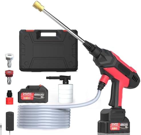 Cordless PressureWasher - MAX 1480 PSI Battery Powered PressureWasher, 21V Portable Cordless PowerWasher with Rechargeable 4.0Ah Battery for Car/Fence/Floor/Patio Cleaning & Watering，Red by Zelonpro