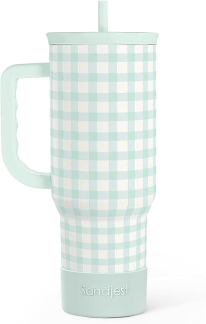 SANDJEST Mint Gingham 40oz Slider Tumbler with Handle and Straw - Insulated Stainless Steel Travel Coffee Mug for Women Girls, Gift for Birthday, Christmas by SANDJEST