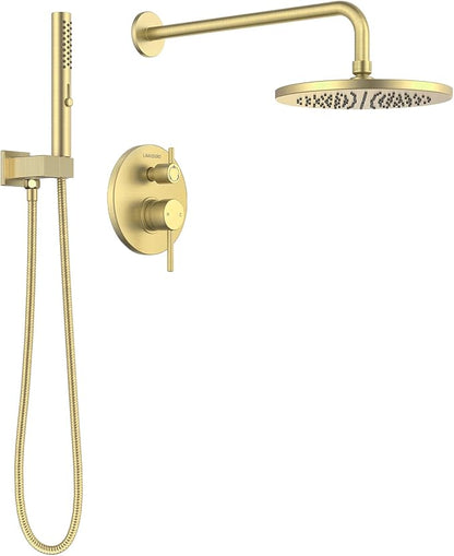 Lava Odoro Modern 2-Setting Round Rain Shower System, Gold Rainfall Shower Faucet Set Rain Shower Head and Handle Set, Shower Valve Trim Kit, 10 Inch, Brushed Gold, SF104-SG by LavaOdoro