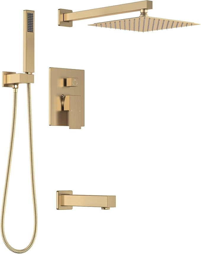 Lava Odoro Modern 3-Setting Square Shower and Tub Faucet Set with Shower Head and Handheld Sprayer Gold, Rainfall Shower System with Tub Spout, Shower Valve Trim Kit, Champagne Gold, SF103-SG-T by LavaOdoro