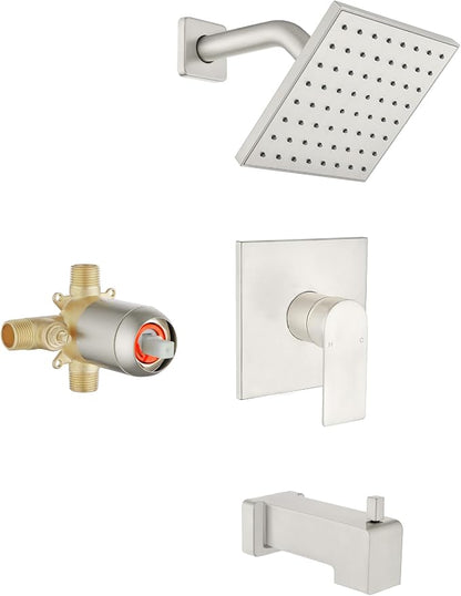 Brushed Nickel Shower Faucet Set, 6 Inch Rain Shower Head and Tub Spout, Shower Fixtures with Tub Spout, Tub and Shower Trim Kit by VIKASI