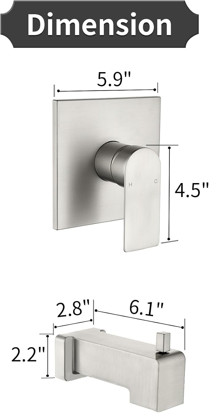Shower Valve Trim Kit with Tub Spout Wall-Mounted Tub Shower Rough-In Mixer Valve Tub and Shower Trim Kit Bathroom Trim Kit Brushed Nickel - Image 5