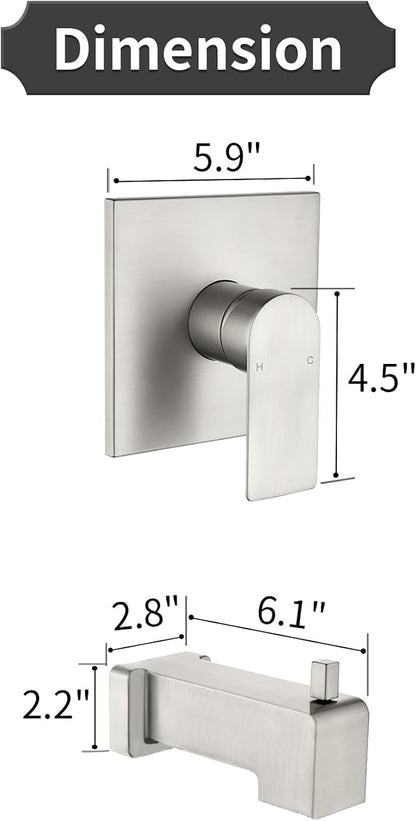 Shower Valve Trim Kit with Tub Spout Wall-Mounted Tub Shower Rough-In Mixer Valve Tub and Shower Trim Kit Bathroom Trim Kit Brushed Nickel - Image 5