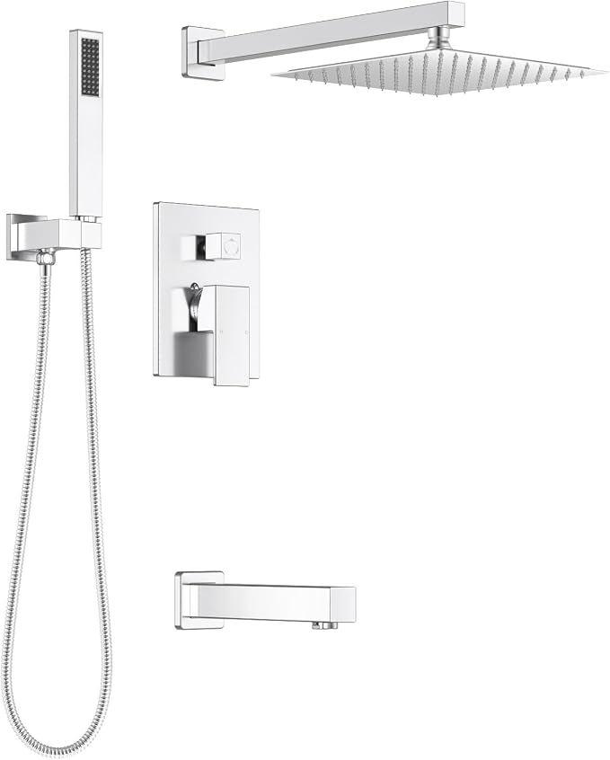 Lava Odoro Modern 3-Setting Square Shower and Tub Faucet Set with Shower Head and Handheld Sprayer Chrome, Rainfall Shower System with Tub Spout, Shower Valve Trim Kit, Chrome, SF103-C-T by LavaOdoro
