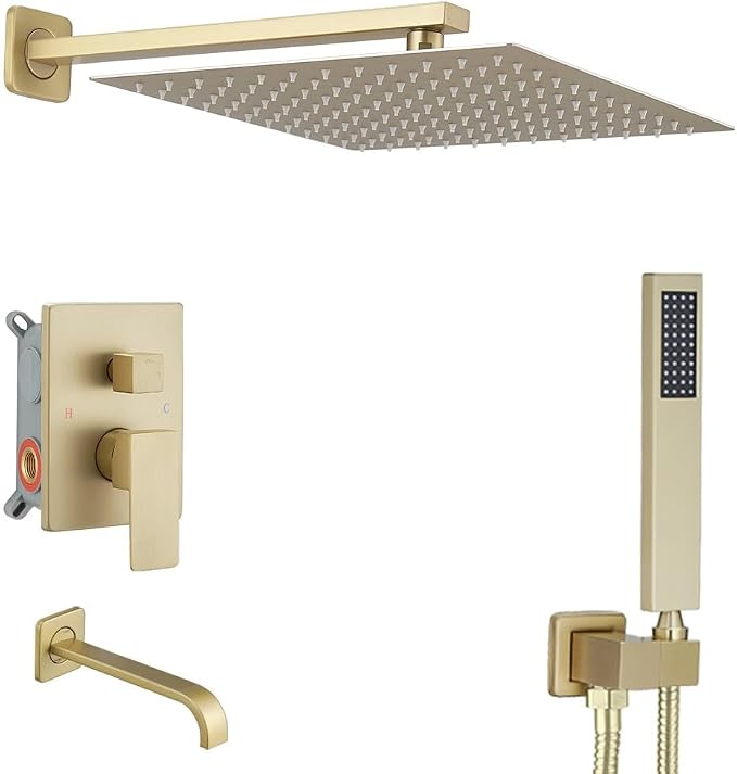 Brushed Gold Rain Shower System Tub Shower Faucet Set 12 Inch Square Rainfall Shower Head with Handheld Sprayer and Tub Spout Rough-in Valve Shower Mixer Combo Kit by JingGang