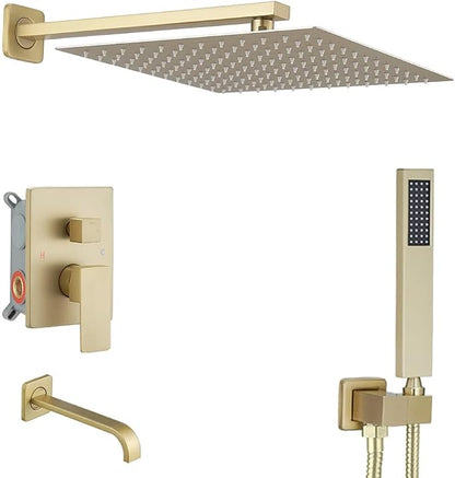 Brushed Gold Rain Shower System Tub Shower Faucet Set 12 Inch Square Rainfall Shower Head with Handheld Sprayer and Tub Spout Rough-in Valve Shower Mixer Combo Kit by JingGang