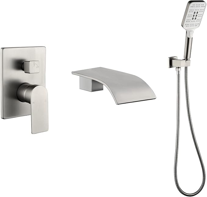 Tub Filler Faucet with Hand Shower Bath Tub Faucets with Rough-in Valve Trim Kit Wall Mounted Waterfall Bathtub Faucets Brushed Nickel by DIFEINISANITARYWARE---showerfaucet---