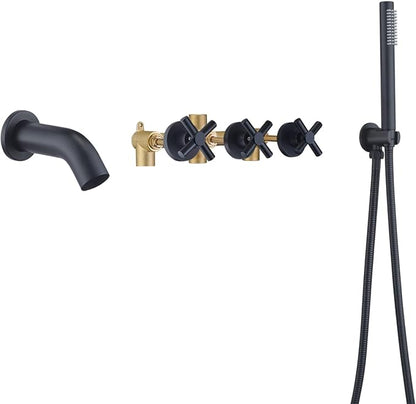 SUMERAIN Wall Mount Bathtub Faucet with Hand Shower,3 Handle Tub Shower Faucet Matte Black High Flow Waterfall Tub Filler by SUMERAINFAUCETS