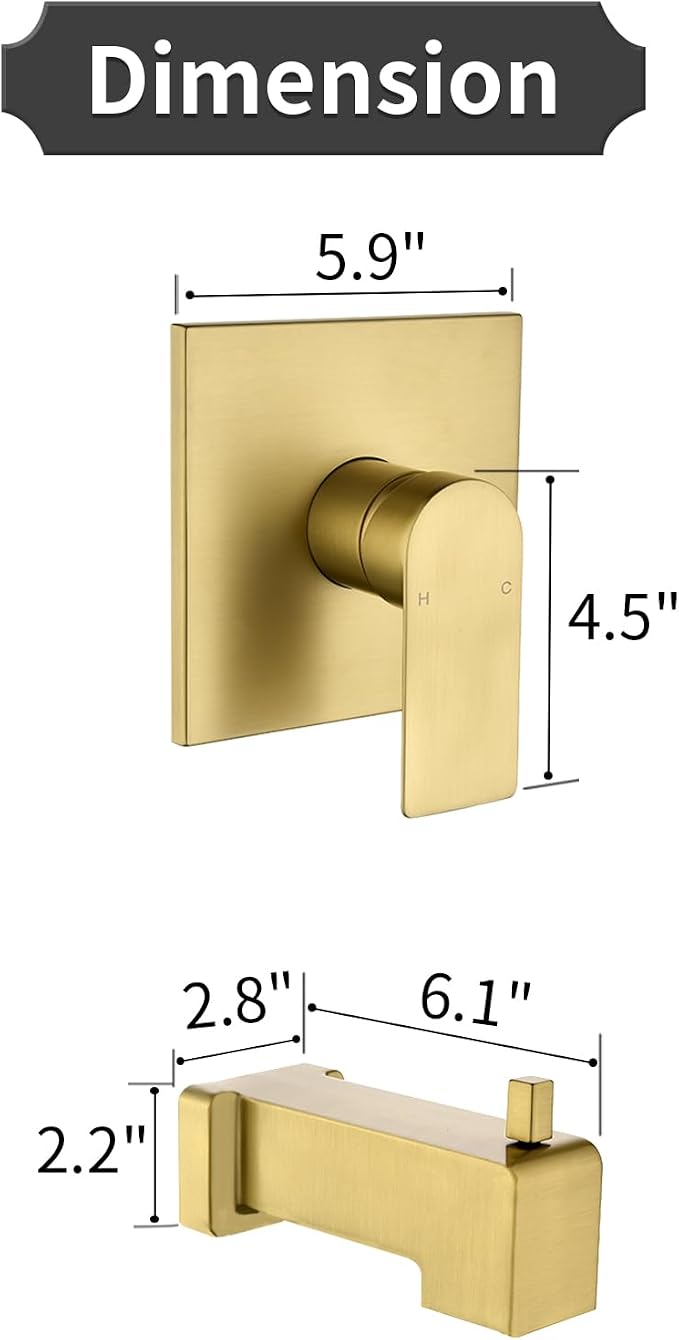 Shower Valve Trim Kit with Tub Spout Wall-Mounted Tub Shower Rough-In Mixer Valve Tub and Shower Trim Kit Bathroom Trim Kit Brushed Gold - Image 5