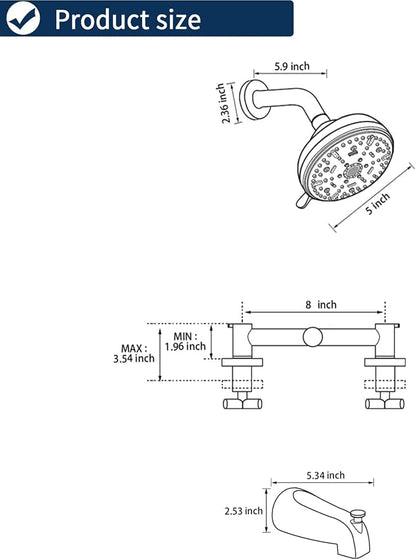 2 Handles Shower Faucet Set with Tub Spout Bathtub Shower Faucet Combo Set Shower System Complete Tub and Shower Trim Kit Brushed Gold Wall Mounted Shower Fixtures - Image 8