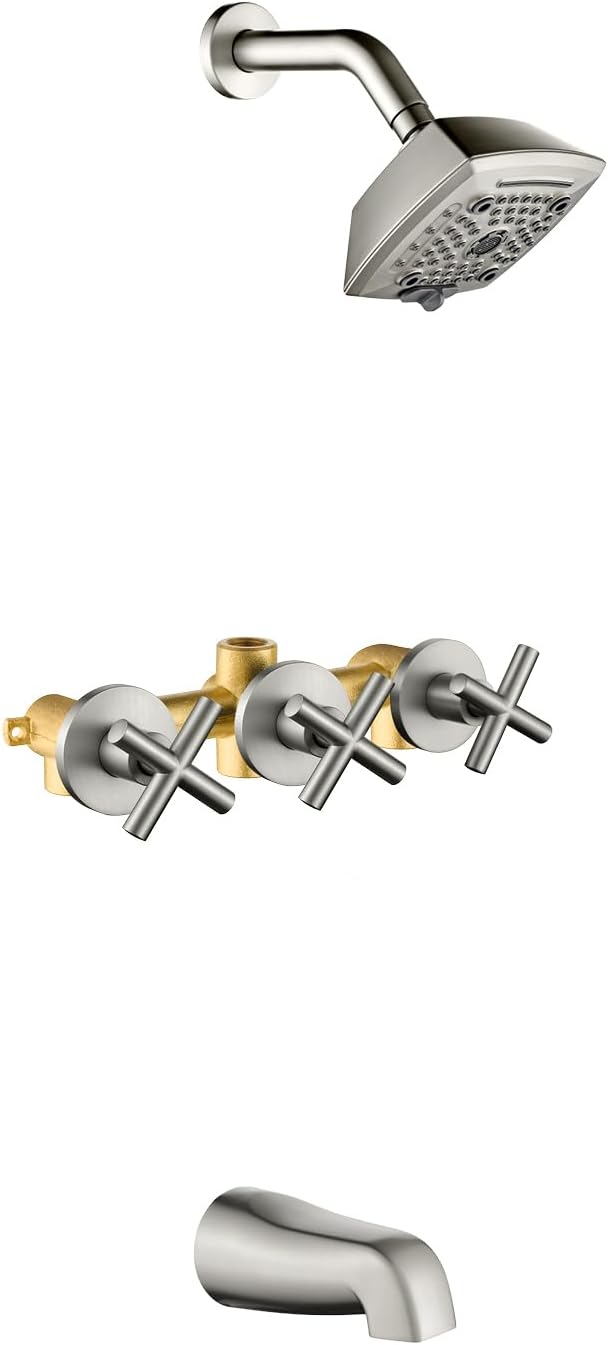 3 Handle Shower Faucet Set with Tub Spout 6-Spray Shower Head and Handle Set Shower Trim Kit with Rough-in Valve Bathroom Shower Faucet Valve Trim Kit Shower System Brushed Nickel by VIKASI