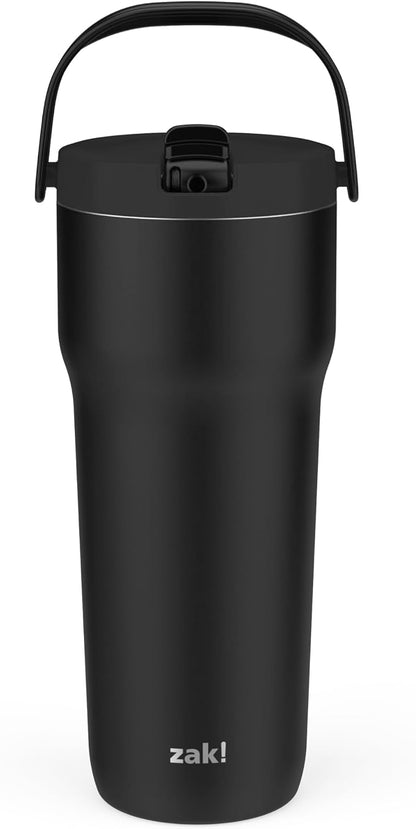 Zak Designs Sutton Travel Tumbler for On the Go, 30oz Stainless Steel with Vacuum Insulation, Straw Spout, Carry Handle for Cold Drinks (Ebony Black) by ZakDesigns