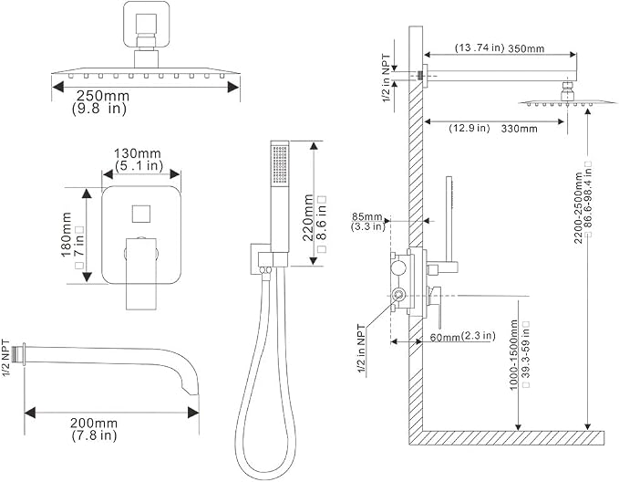Matte Black Shower System with Tub Spout Wall Mounted Bathtub Shower Faucet Set for Bathroom with High Pressure 10" Rain Shower head and Handheld Shower Head Kit - Image 7