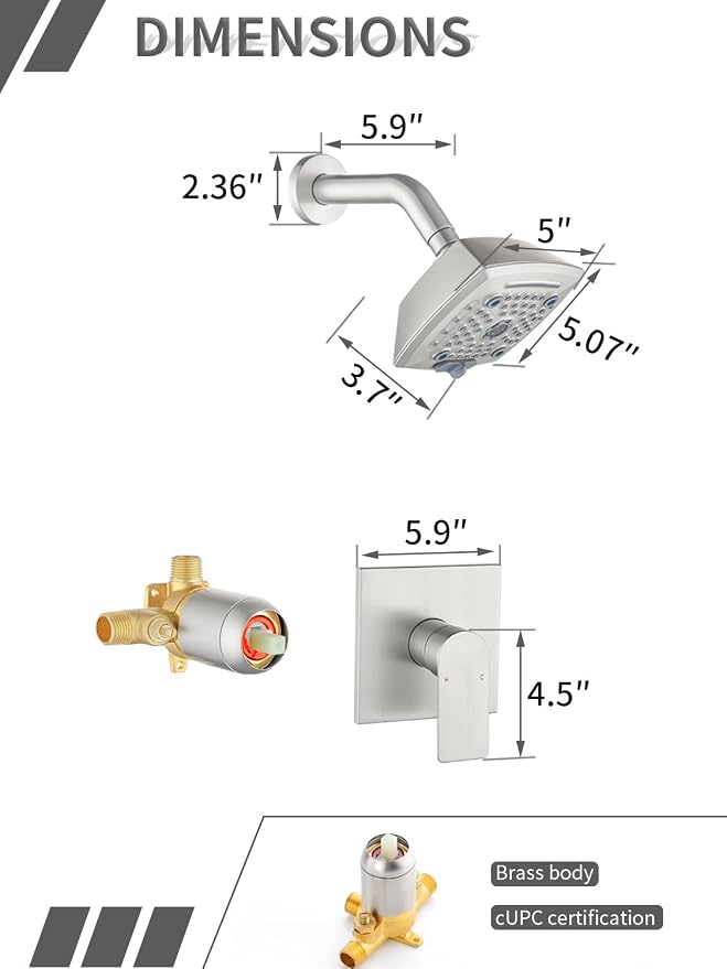 Brushed Nickel Shower Faucet Set 6 Setting Shower Head 5 Inch Shower Trim Kit Modern shower valve kit High Pressure Shower Fixtures Shower System - Image 6