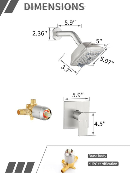 Brushed Nickel Shower Faucet Set 6 Setting Shower Head 5 Inch Shower Trim Kit Modern shower valve kit High Pressure Shower Fixtures Shower System - Image 6