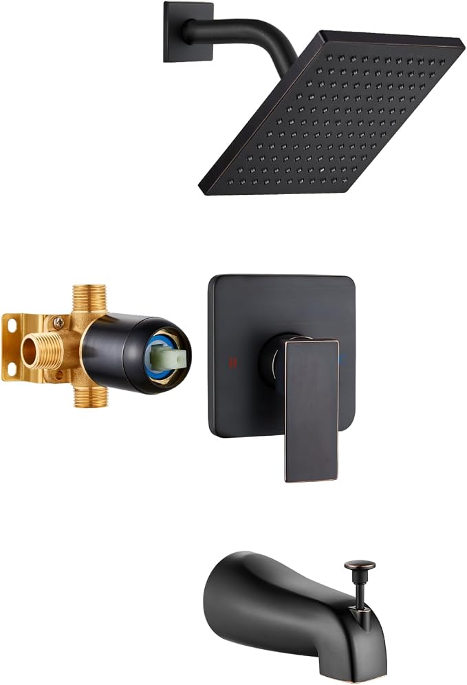 Heyalan Shower Faucet Set with Tub Spout, Bathtub and Shower Trim Kit with Valve, Single Handle Bathroom Shower Faucet Set 8 Inch Square Rainfall Shower Head, Oil Rubbed Bronze by Heyalan