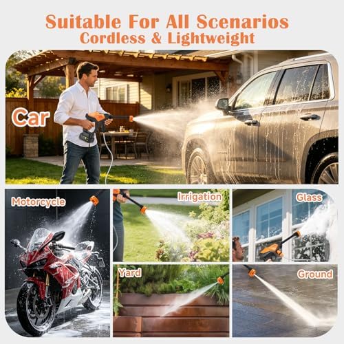 Cordless Portable Washer Battery Powered, 6 in 1 Nozzle Handheld Washer with Faucet Adapter, 2 Batteries, 800PSI Lightweight Car Washer with 16ft(5m) Hose for Home & Outdoor Patio Garden - Image 5