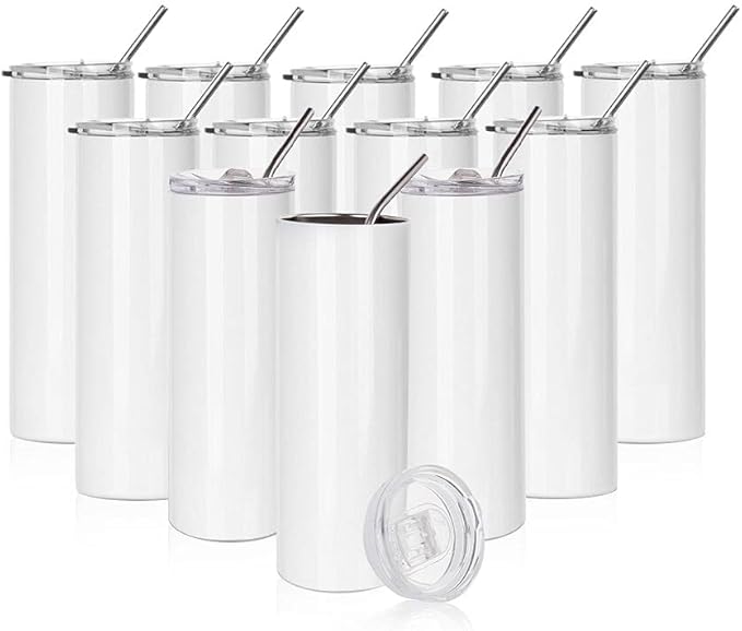 PYD Life 12 Pack Sublimation Tumblers Blanks Skinny White 20 OZ Straight Bulk Stainless Steel Cups with Metal Straw and Lid for Tumbler Heat Press Machine Sublimation Print by PYDLife