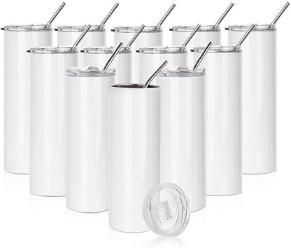 PYD Life 12 Pack Sublimation Tumblers Blanks Skinny White 20 OZ Straight Bulk Stainless Steel Cups with Metal Straw and Lid for Tumbler Heat Press Machine Sublimation Print by PYDLife