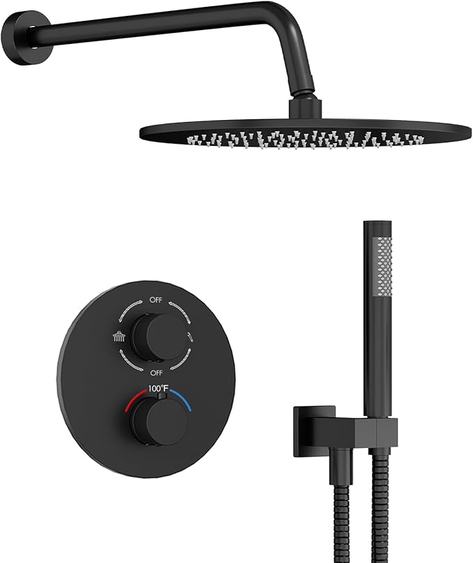 Gabrylly Thermostatic Shower Faucet Set, All Metal Shower System with Anti Scald Shower Valve, High Pressure 10" Rain Shower head with Handheld Spray Combo, Matte Black by GABRYLLY