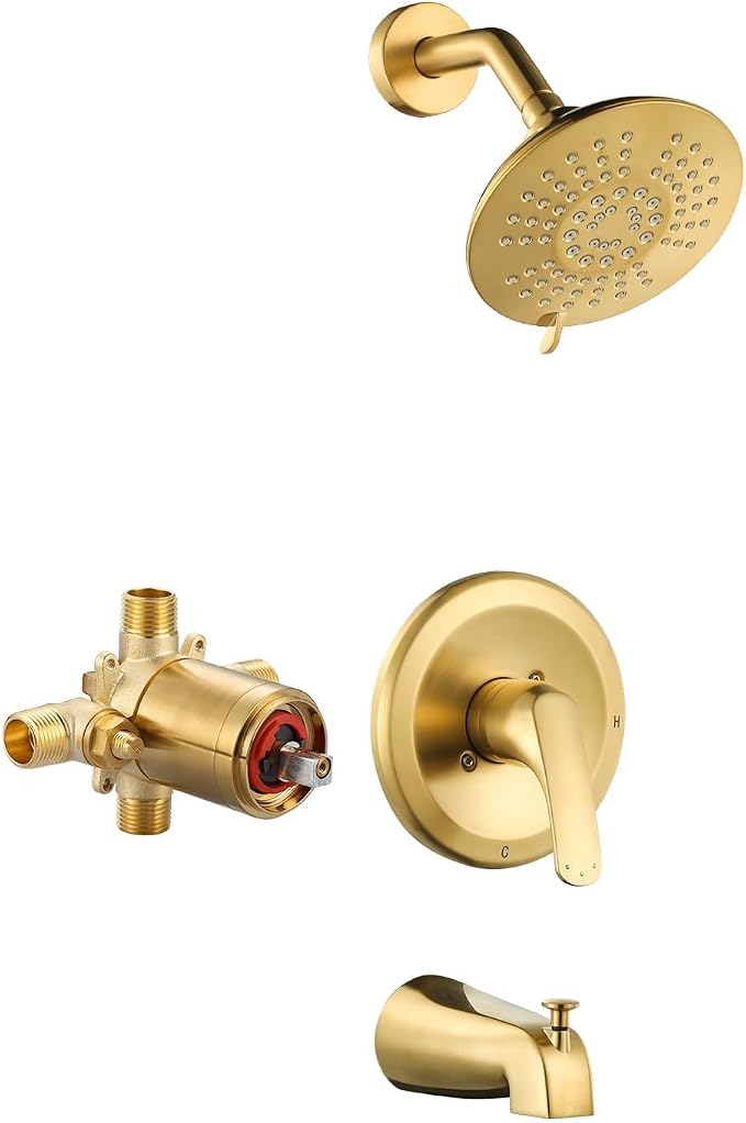 Shower Faucet with Valve, Bathroom Tub Shower Faucet Kit, Single Handle Rain Shower Head with Tub Spout, Solid Brass Shower Tub Faucet Set Complete, Bathtub Faucet with Shower, Brushed Gold by ALEASHA