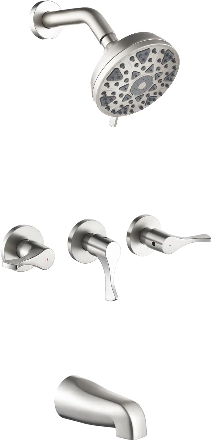 3 Handles Shower Faucet Set with Tub Spout Bathtub Shower Faucets Combo Set Shower System Complete Tub and Shower Trim Kit Brushed Nickel Shower Fixtures Brushed Nickel Shower Set by DIFEINISANITARYWARE---showerfaucet---