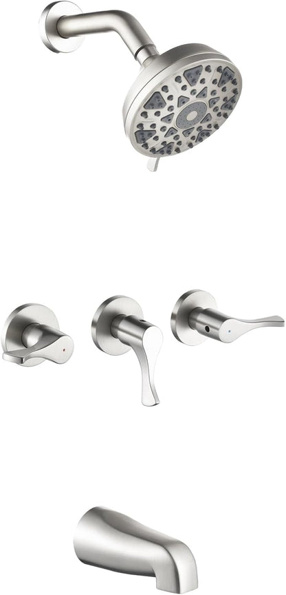 3 Handles Shower Faucet Set with Tub Spout Bathtub Shower Faucets Combo Set Shower System Complete Tub and Shower Trim Kit Brushed Nickel Shower Fixtures Brushed Nickel Shower Set by DIFEINISANITARYWARE---showerfaucet---