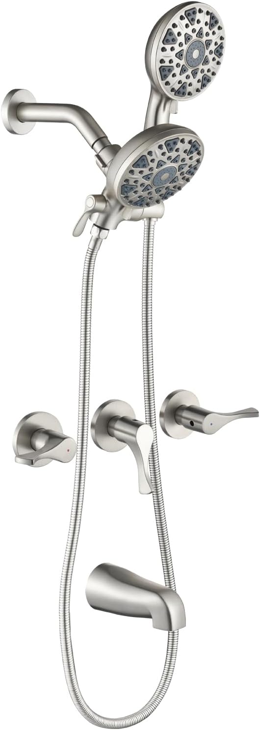 3 Handles Shower Faucet Set with Tub Spout Bathtub Shower Faucet Combo Set Shower System Complete Tub and Shower Trim Kit Brushed Nickel Wall Mounted Shower Fixtures by DIFEINISANITARYWARE---showerfaucet---