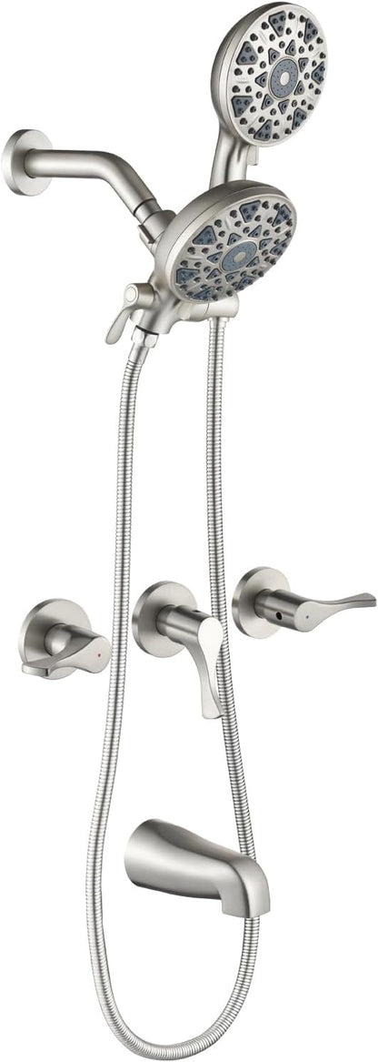 3 Handles Shower Faucet Set with Tub Spout Bathtub Shower Faucet Combo Set Shower System Complete Tub and Shower Trim Kit Brushed Nickel Wall Mounted Shower Fixtures by DIFEINISANITARYWARE---showerfaucet---
