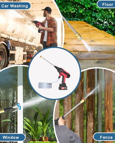 Cordless PressureWasher - MAX 1480 PSI Battery Powered PressureWasher, 21V Portable Cordless PowerWasher with Rechargeable 4.0Ah Battery for Car/Fence/Floor/Patio Cleaning & Watering，Red - Image 6