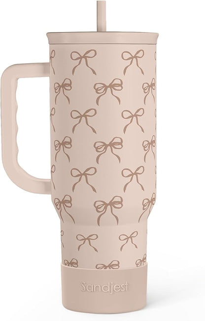 Bow Tumbler with Handle and Straw 40oz – Stainless Sleel Slider Tumbler Travel Coffee Mug for Women - Gift Idea for Birthday Christmas by SANDJEST