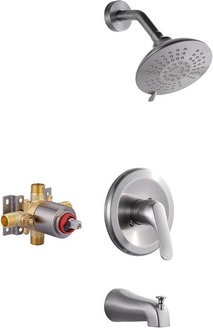 Shower Faucet with Valve, Brushed Nickel Bathroom Tub Shower Faucet Kit, Single Handle Rain Shower Head with Tub Spout, Solid Brass Shower Tub Faucet Set Complete, Bathtub Faucet with Shower by ALEASHA