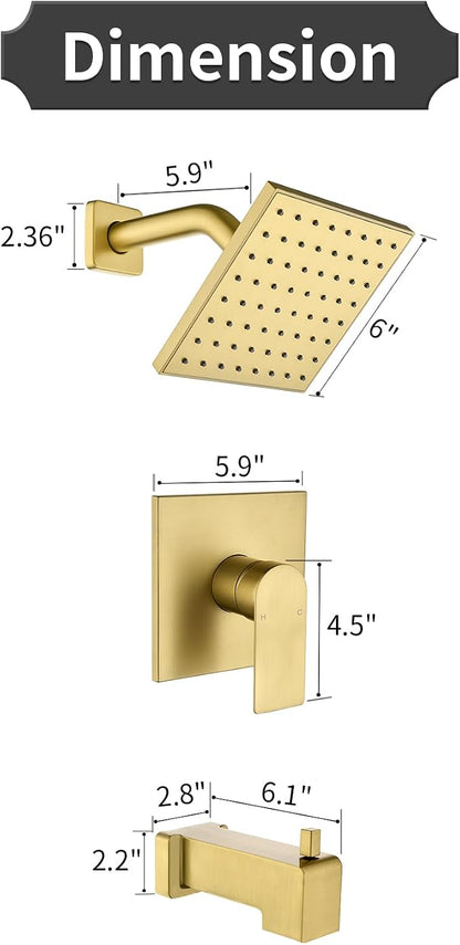 Brushed Gold Shower Faucet Set with Tub Spout, 6 Inch Rain Shower Head and Tub Spout, Shower Fixtures with Tub Spout, Tub and Shower Trim Kit - Image 7