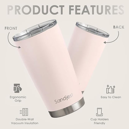 SANDJEST Stainless Steel Tumbler 20 oz, Double Wall Vacuum Insulated Mug with Lid, Travel Coffee Cup for Women Girls Friends Sisters, Birthday Christmas (Pale Pink) - Image 2