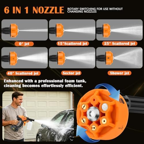 Cordless Portable Washer Battery Powered, 6 in 1 Nozzle Handheld Washer with Faucet Adapter, 2 Batteries, 800PSI Lightweight Car Washer with 16ft(5m) Hose for Home & Outdoor Patio Garden - Image 2