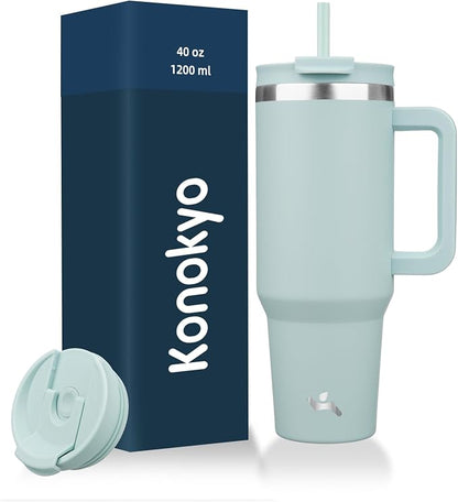 40 oz Tumbler with Handle and 2 Straws,2 in 1 Lid Insulated Water Bottle Stainless Steel Travel Coffee Mug,Blue Haze by Konokyo